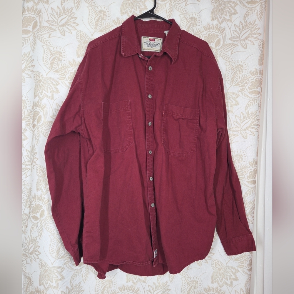 Men's Red Denim Shacket XL Long Sleeve Button Down Shirt Chore Trucker 90s EUC